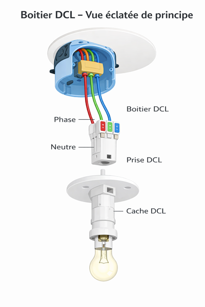 Boîtier DCL vue éclatée : boîtier bleu, prise DCL avec fils phase neutre terre, cache DCL avec crochet et ampoule